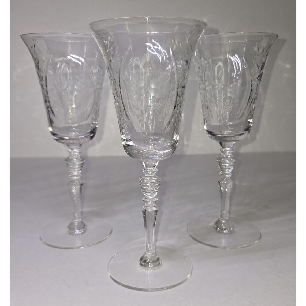 Set Of 3 Rock Sharpe Rembrandt Floral Cut Crystal Goblets Glasses Water Wine